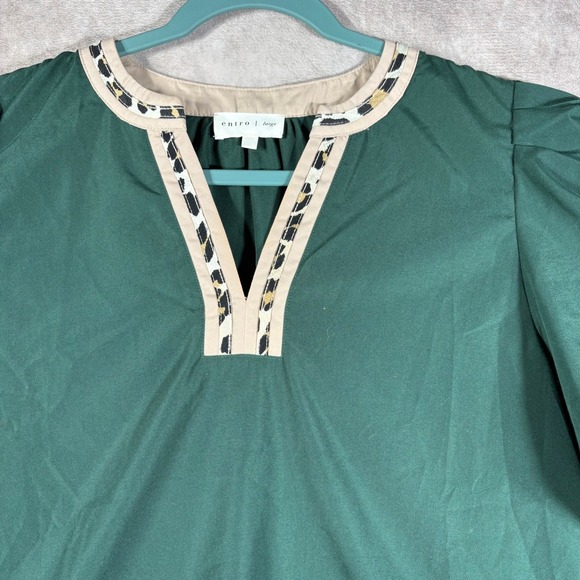 Entro Top Womens Size Large Forest Green Cheetah Print Trim Short Sleeves Boho - Picture 3 of 10